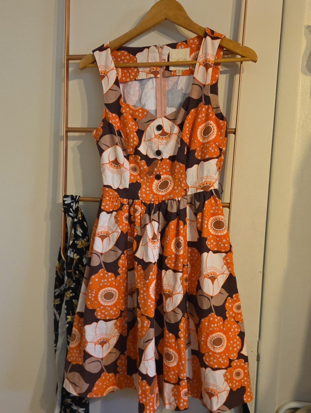 Modcloth Orange White Brown Retro Floral Midi Dress